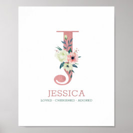 モノグラムレターJピンクウォーターカラーフローラ子供部屋 ポスター