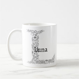 モノグラムレターL白黒植物学フローラ コーヒーマグカップ
