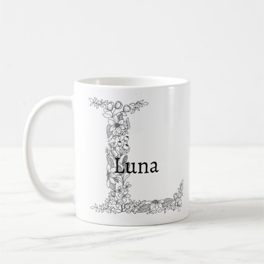 モノグラムレターL白黒植物学フローラ コーヒーマグカップ (左)