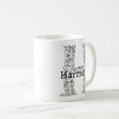 モノグラムレターM白黒フローラ植物学 コーヒーマグカップ (正面右)