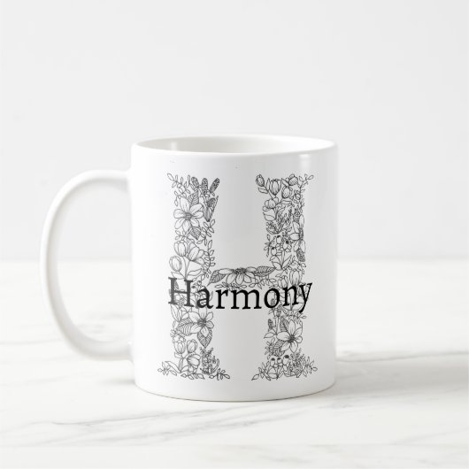 モノグラムレターM白黒フローラ植物学 コーヒーマグカップ (左)