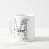 モノグラムレターM白黒植物学フローラ コーヒーマグカップ (正面左)