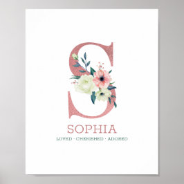 モノグラムレターSピンクウォーターカラーフローラ子供部屋 ポスター