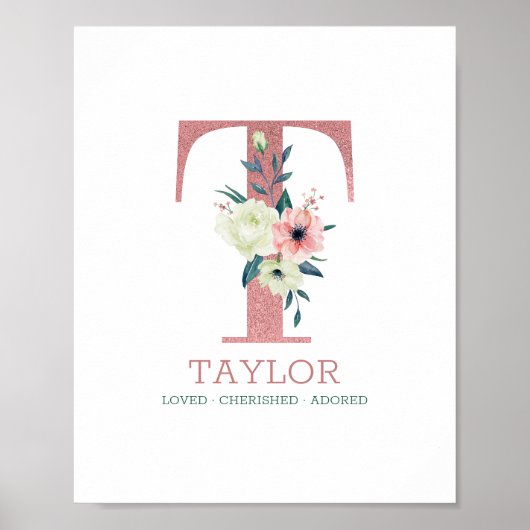 モノグラムレターTピンクウォーターカラーフローラ子供部屋 ポスター (正面)