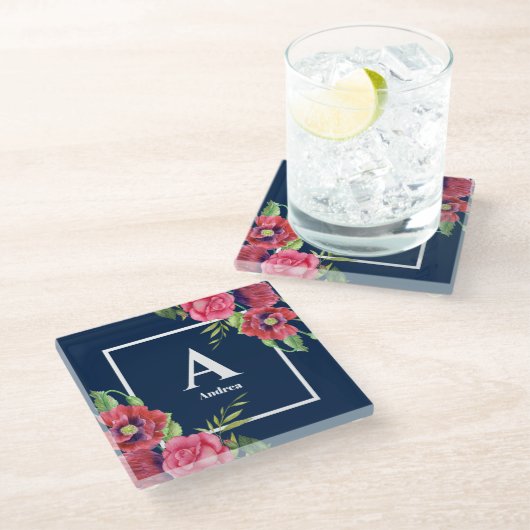 モノグラムレッドとピンクの花ダークネイビーブルー ガラスコースター (アングル)