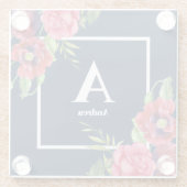 モノグラムレッドとピンクの花ダークネイビーブルー ガラスコースター (裏面)