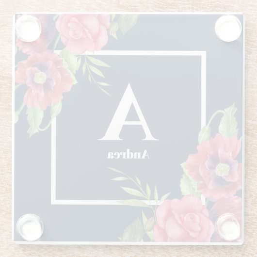 モノグラムレッドとピンクの花ダークネイビーブルー ガラスコースター (裏面)