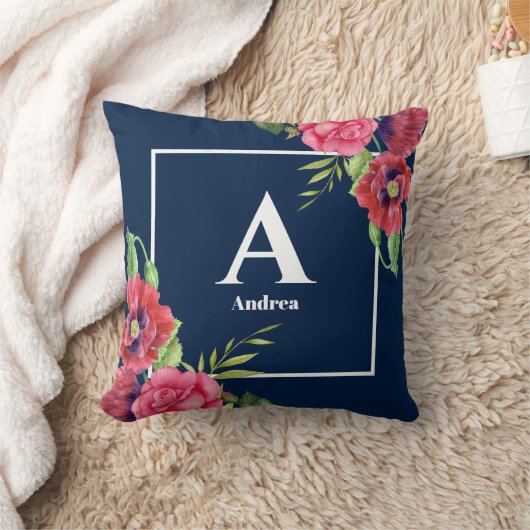 モノグラムレッドとピンクの花ダークネイビーブルー クッション (ブランケット)