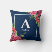 モノグラムレッドとピンクの花ダークネイビーブルー クッション (裏面)