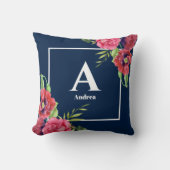 モノグラムレッドとピンクの花ダークネイビーブルー クッション (正面)