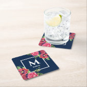 モノグラムレッドとピンクの花ダークネイビーブルー スクエアペーパーコースター (インサイチュ)