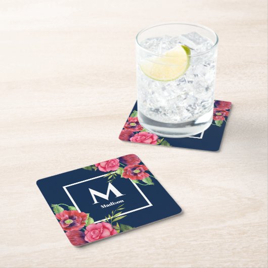 モノグラムレッドとピンクの花ダークネイビーブルー スクエアペーパーコースター (インサイチュ)