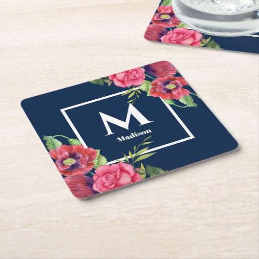 モノグラムレッドとピンクの花ダークネイビーブルー スクエアペーパーコースター (アングル)