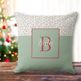 モノグラムレッドとライトグリーンホリデーパターン クッション