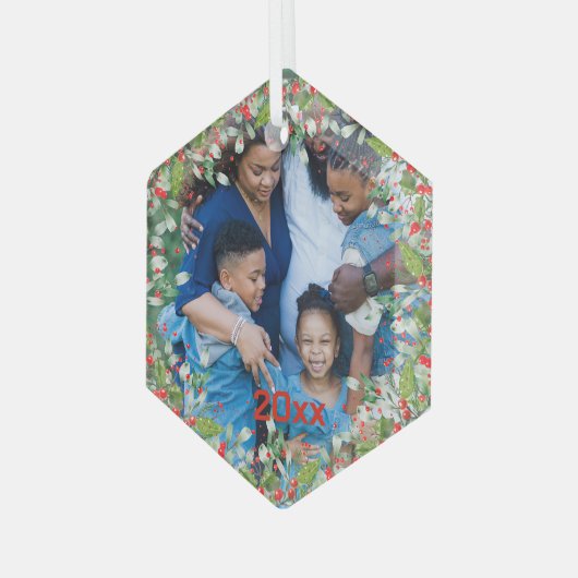 モノグラムレッドクリスマスグリーン写真クラシックラウンド ガラスオーナメント (正面左)