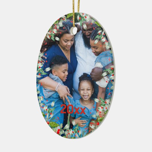 モノグラムレッドクリスマスグリーン写真クラシックラウンド セラミックオーナメント (左)