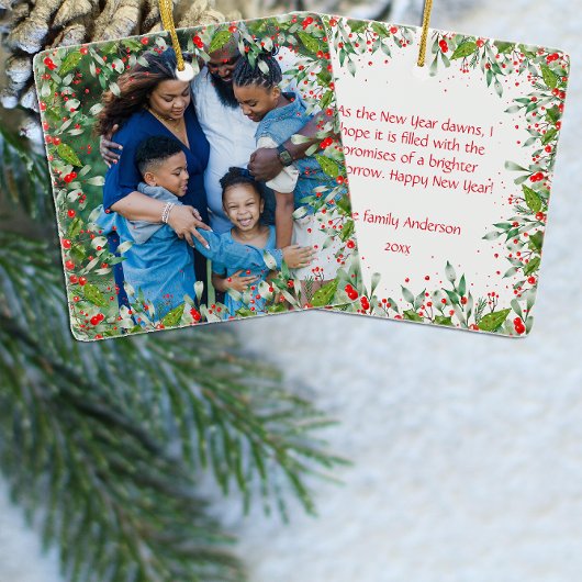 モノグラムレッドクリスマスグリーン写真クラシックラウンド セラミックオーナメント