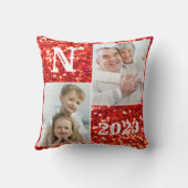 モノグラムレッドグリッターフォトクリスマスホリデー クッション (裏面)