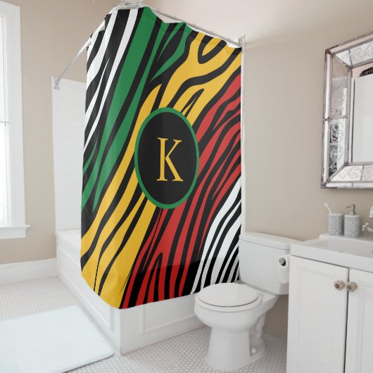 モノグラムレッドグリーンイエローブラック履歴月 シャワーカーテン (インサイチュ)