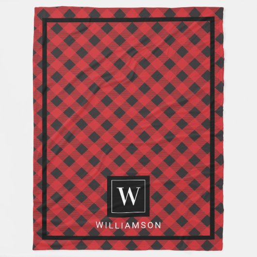 モノグラムレッドブラックバッファロープレイド フリースブランケット (正面)