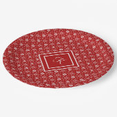 モノグラムレッドホワイトスノーフレーククリスマスホリデー ペーパープレート (アングル)