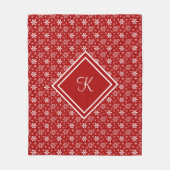 モノグラムレッドホワイトスノーフレークホリデークリスマス フリースブランケット (正面)