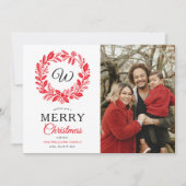 モノグラムレッドリースメリークリスマスフォト シーズンカード (正面)