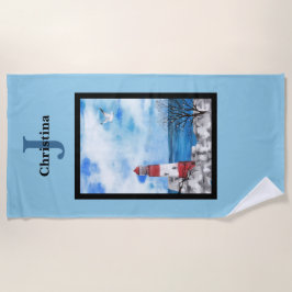 モノグラムレッド&ブルーライトハウスウォーターカラーアート ビーチタオル