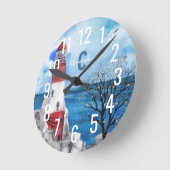 モノグラムレッド&ブルーライトハウスウォーターカラーアート ラウンド壁時計 (傾斜)