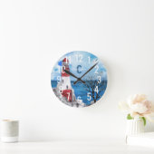 モノグラムレッド&ブルーライトハウスウォーターカラーアート ラウンド壁時計 (ホーム)