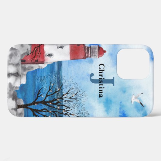 モノグラムレッド&ブルーライトハウスウォーターカラーアート Case-Mate iPhoneケース (裏面 (横))