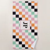 モノグラムレトロチェッカーボカスタムードモノグラムの ビーチタオル (正面)