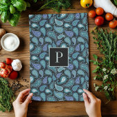 モノグラムレトロブルーペイズリーパターン キッチンタオル