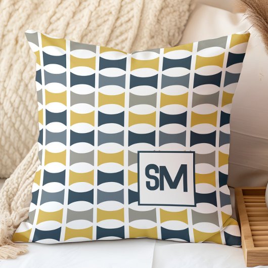 モノグラムレトロミッドセンチュリー幾何学海軍，マスタード クッション