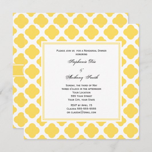 モノグラムレモンイエロー&ホワイトクローバーパターン 招待状 (正面/裏面)