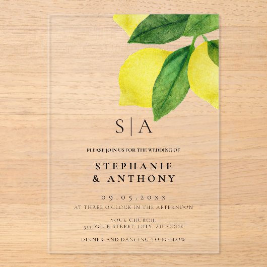 モノグラムレモンシトラスブ結婚ランチ アクリル招待状 (正面)
