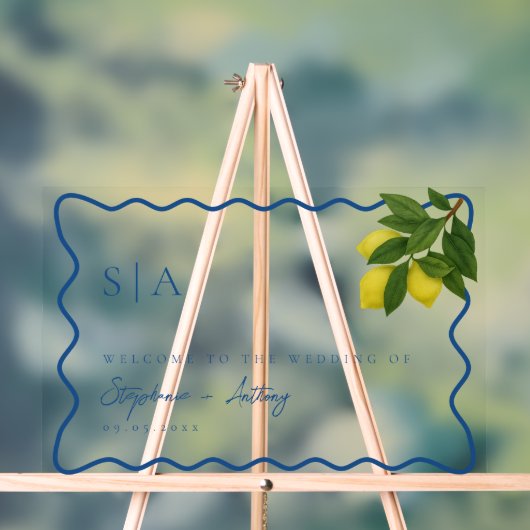 モノグラムレモンシトラス、ブルーウェー縁どブの結婚s アクリルサイン (ニュートラル)