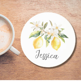 モノグラムレモンフルーツホワイトフラワーズツリーブランチ コースター