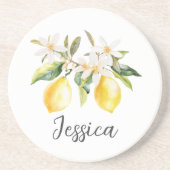 モノグラムレモンフルーツホワイトフラワーズツリーブランチ コースター (正面)