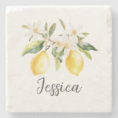 モノグラムレモンフルーツホワイトフラワーズツリーブランチ ストーンコースター (正面)