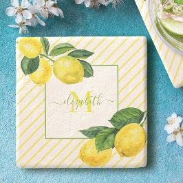 モノグラムレモン水の色ストライプの素朴な国 ストーンコースター