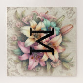 モノグラムレースフローラピンクオレンジティール(緑がかった色)ユリ ジグソーパズル (横)