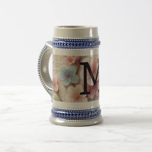 モノグラムレースフローラピンクパステルさくらんぼ花 ビールジョッキ (正面左)