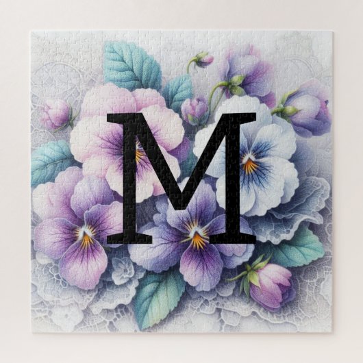 モノグラムレースフローラピンク紫パンジー花 ジグソーパズル (縦)