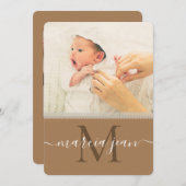 モノグラムレースベージュフォトコラージガール生まれたばかりのガール 案内状 (正面/裏面)