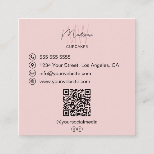 モノグラムロゴベーカリー写真QRピンクビジネス スクエア名刺 (裏面)
