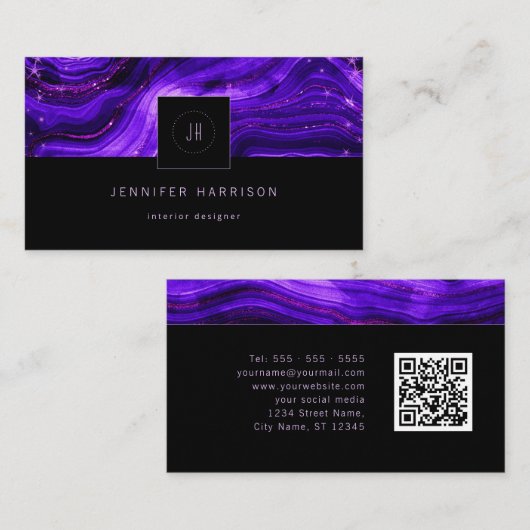 モノグラムロゴGeode紫ブラック抽象芸術QRコード 名刺 (正面/裏面)