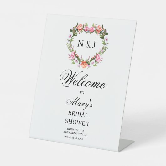 モノグラムロマンチックバラフローラハートブライダルシャワー 台座サイン (正面)