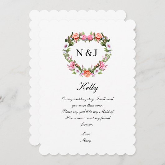 モノグラムロマンチックバラフローラハートメイド・オブ・オーナー（花嫁付き添い人） 招待状 (正面/裏面)