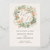 モノグラムロマンチック春フローラ結婚リース 箔招待状 (正面)